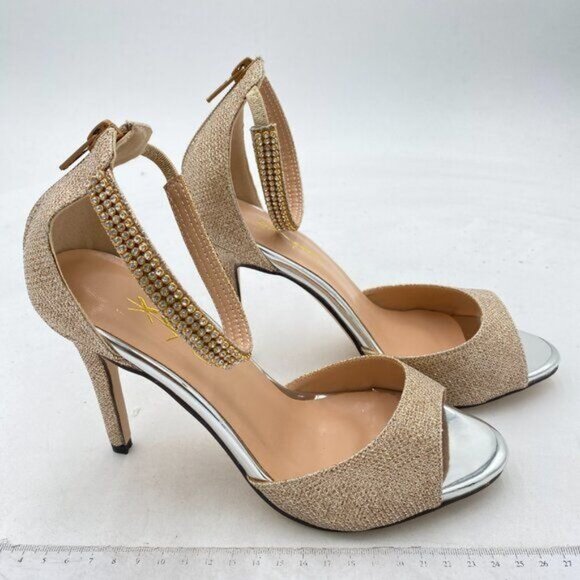 XYD Beige Glitter Open Toe Rhinestones Ankle Strap Sandals High Heel Bridal Shoe - Picture 4 of 8